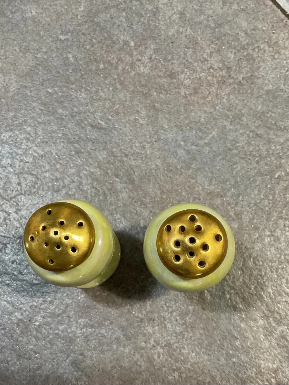 Vintage Ceramic Salt and Pepper Shakers with Gold Tops - Yellow